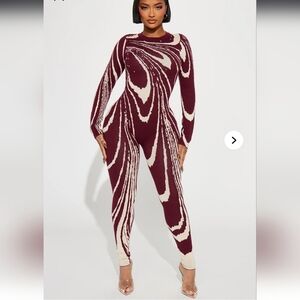Fashion Nova Darkest Secret Sweater Jumpsuit - Burgundy/combo S/m
